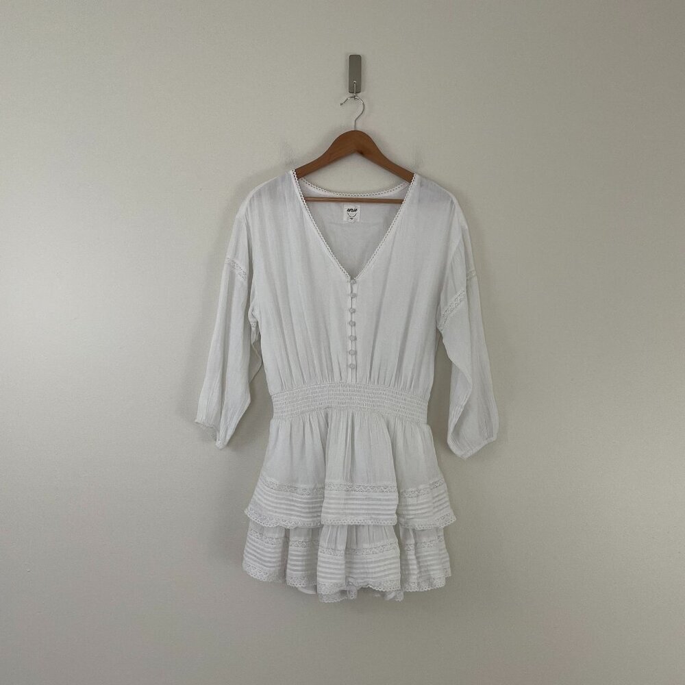 Aerie Rock n Ruffle Tiered Lace Embroidered Mini Dress in White Size Medium
